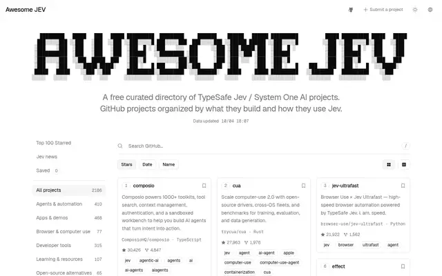 Awesome JEV · free TypeSafe Jev / System One AI directory screenshot